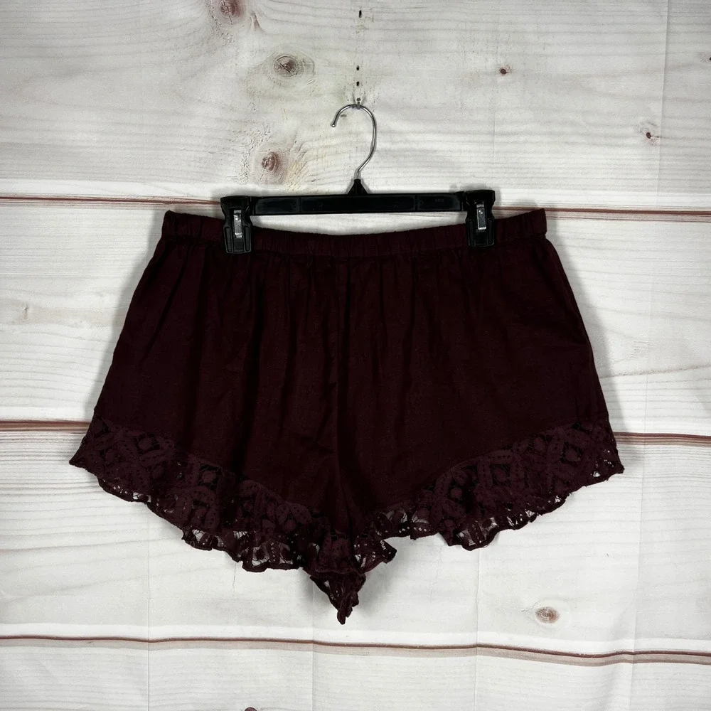 Free People Free-est Shorts Womens Large Burgundy Solid Lace Trim Cotton Linen